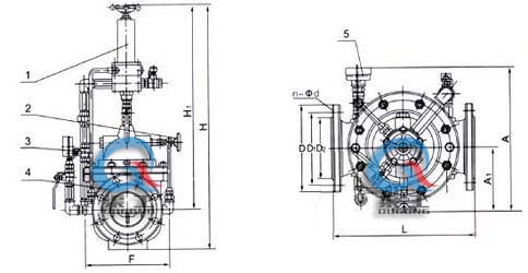 500X持壓泄壓閥 外形結(jié)構(gòu)圖(1、導(dǎo)閥2、針閥3、球閥4、主閥5、壓力表)
